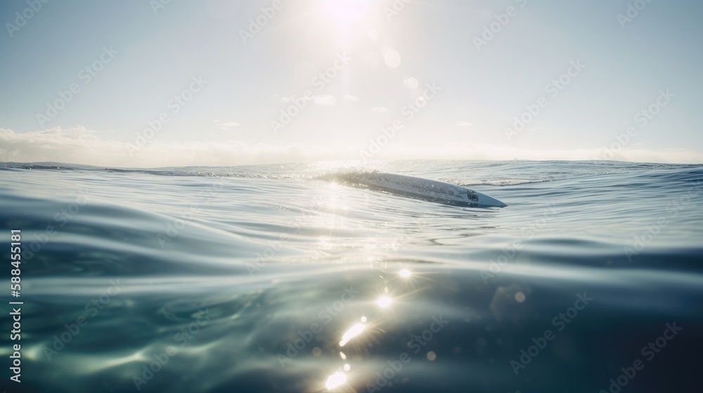 Obraz premium Submerged in Serenity: A Stunning View of a Surfboard Floating in Clear Waters, AI-Generated