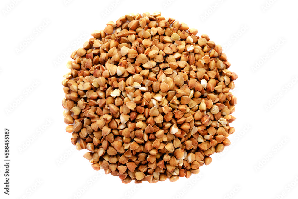Pile of buckwheat seeds isolated on white background, top view. Buckwheat seeds isolated on white. Buckwheat grains isolated on white background, top view. Buckwheat for porridge. Pile of buckwheat seeds isolated on white background, top view. Buckwheat seeds isolated on white. Buckwheat grains isolated on white background, top view. Buckwheat for porridge.