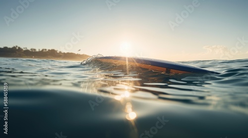 Rays of Sun: A Vibrant Surfboard Floating in the Crystal-Clear Ocean, AI Generative 