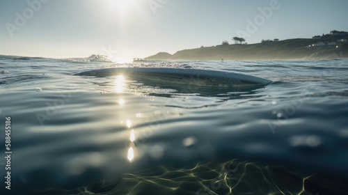 Sun and Surf  A Creative Shot of a Surfboard in the Crystal-Clear Ocean  AI Generative