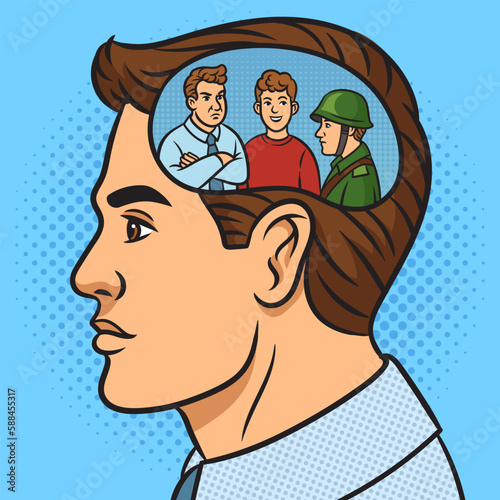 man with subpersonalities in his head pinup pop art retro vector illustration. Comic book style imitation.