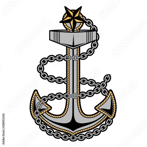 Anchor with a chain around it and a star on top vector illustration