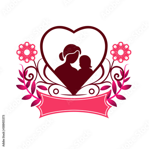 Mother and daughter in a heart shape with a banner and flowers around Mothers day related vector illustration