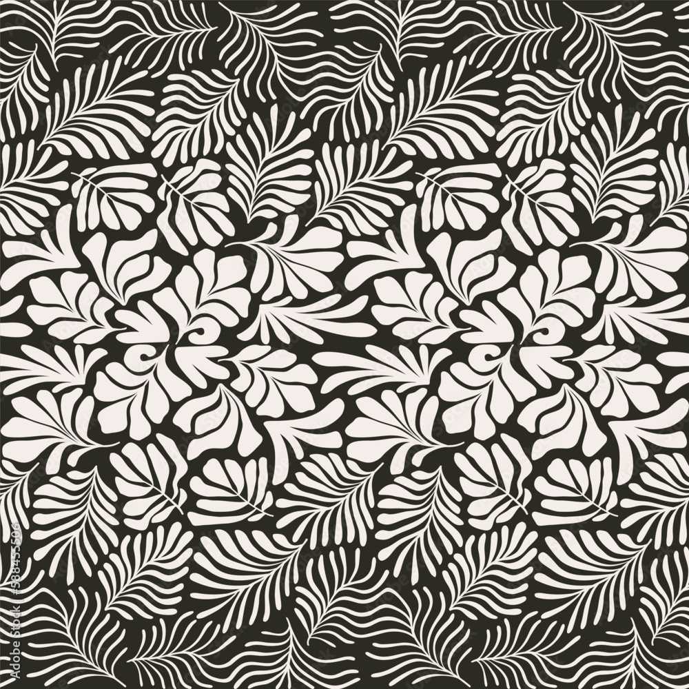 Black and white abstract background with tropical palm leaves in Matisse style. Vector seamless pattern with Scandinavian cut out elements.