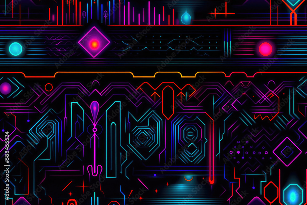 Seamless pattern featuring a series of graphic shapes in bright neon colors. Generative AI