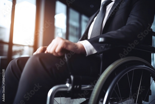 Business man in a suit. Man of a disabled person on a wheelchair in the office. Generative AI