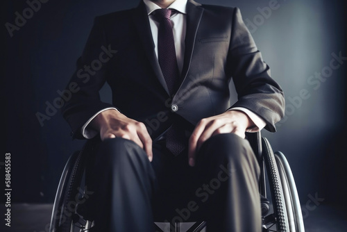 Serious businessman sitting in wheelchair. Generative AI