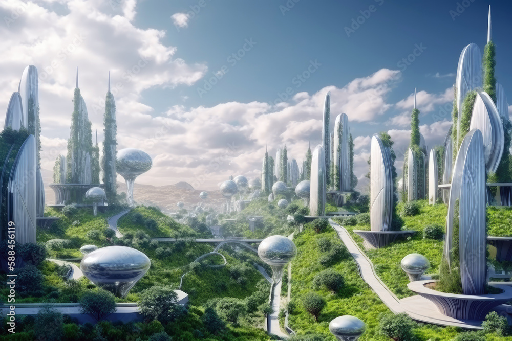 Futuristic friendly ecology mega city buildings and towers, green environment city center metropolis, forest and garden in midtown, greenery skyscraper, Sustainable nature with Generative AI
