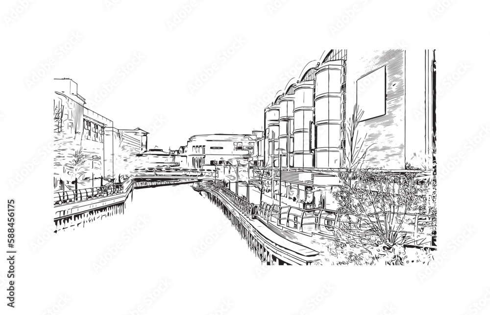 Building view with landmark of Reading is a city of England. Hand drawn sketch illustration in vector.
