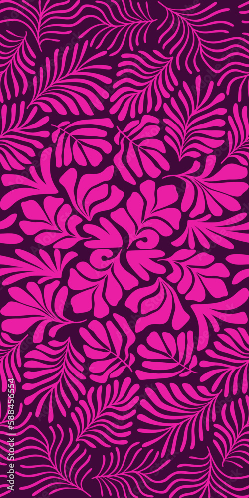 Purple pink abstract background with tropical palm leaves in Matisse style. Vector seamless pattern with Scandinavian cut out elements.