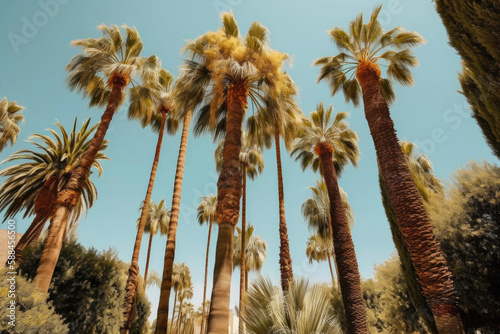 Low angle view of palm trees against sky. Generative AI
