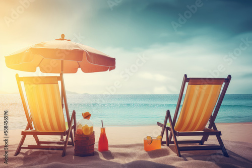 Summer vacation  tropical beach with blue sky and sea for relaxation  panoramic beach background  summer holiday with beautiful nature sand  sunlight  ocean water with Generative AI.