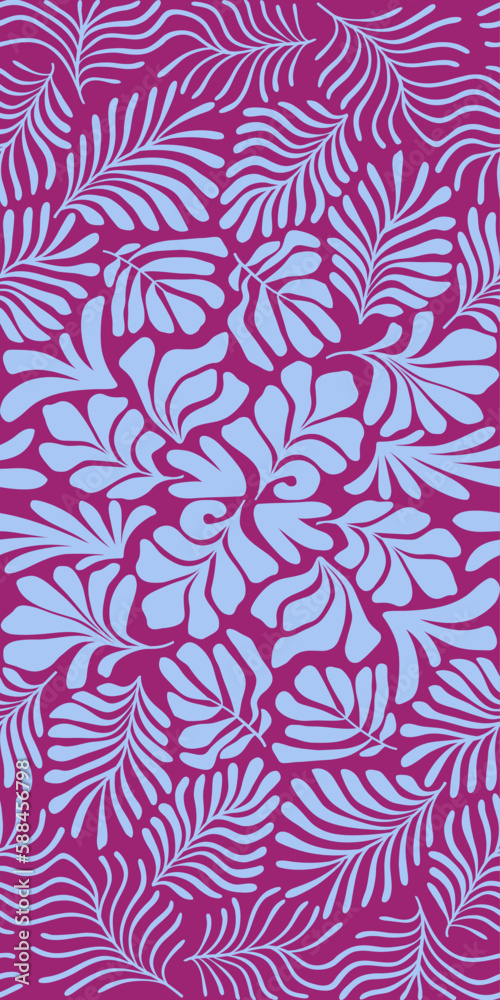 Purple blue abstract background with tropical palm leaves in Matisse style. Vector seamless pattern with Scandinavian cut out elements.
