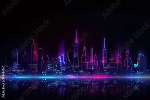 Neon mega city capital towers with futuristic technology background  future modern building virtual reality  night life style concept  digital design  digital technology scene with Generative Ai.