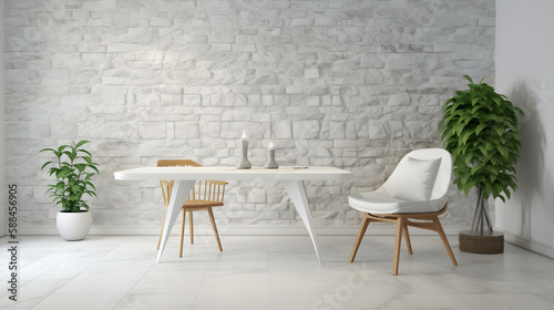 White Smooth Stone Table and Textured Stone Wall