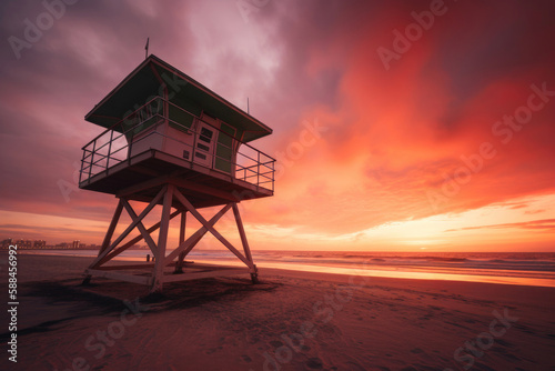 Sunset over a lifeguard tower. Generative AI © AIproduction