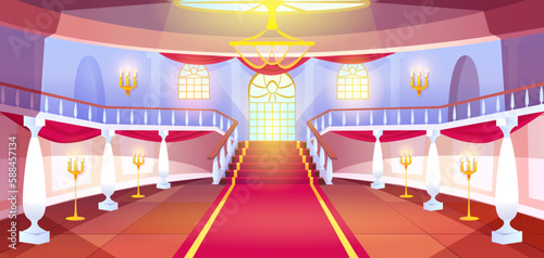 Cartoon empty hall interior with columns, stairs, arch windows and golden candle lamps in medieval royal castle. Hallway in luxury palace with balustrade, staircase and red carpet on floor.