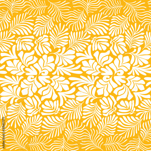 Yellow abstract background with tropical palm leaves in Matisse style. Vector seamless pattern with Scandinavian cut out elements.