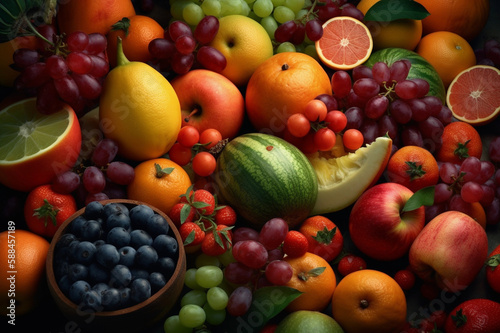 Fruits as Multicolor Background. Cinematic Lightning. High Details. Creative AI Wallpaper. Created by Generative AI