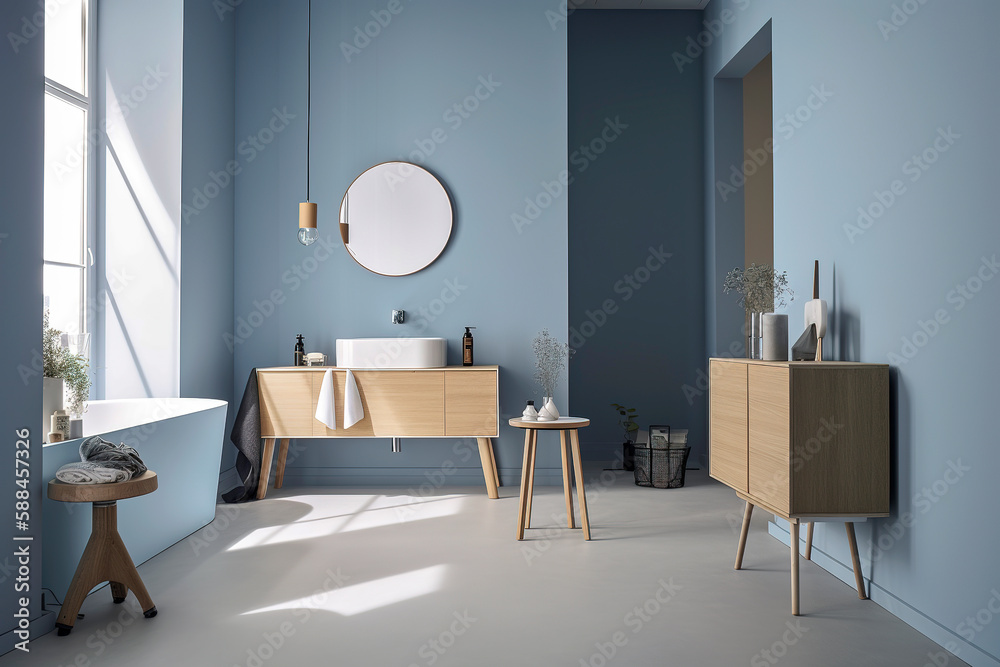 Fototapeta premium Generative AI illustration of minimalist bathroom with powdery colors walls, birch plywood bathroom cabinet,