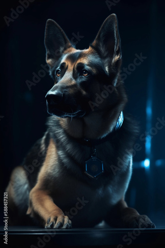 German shepard police dog in Sitting position. High Details. Realism. Dark Background. Creative AI Wallpaper. Created by generative AI