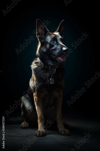 German shepard police dog in Sitting position. High Details. Realism. Dark Background. Creative AI Wallpaper. Created by generative AI