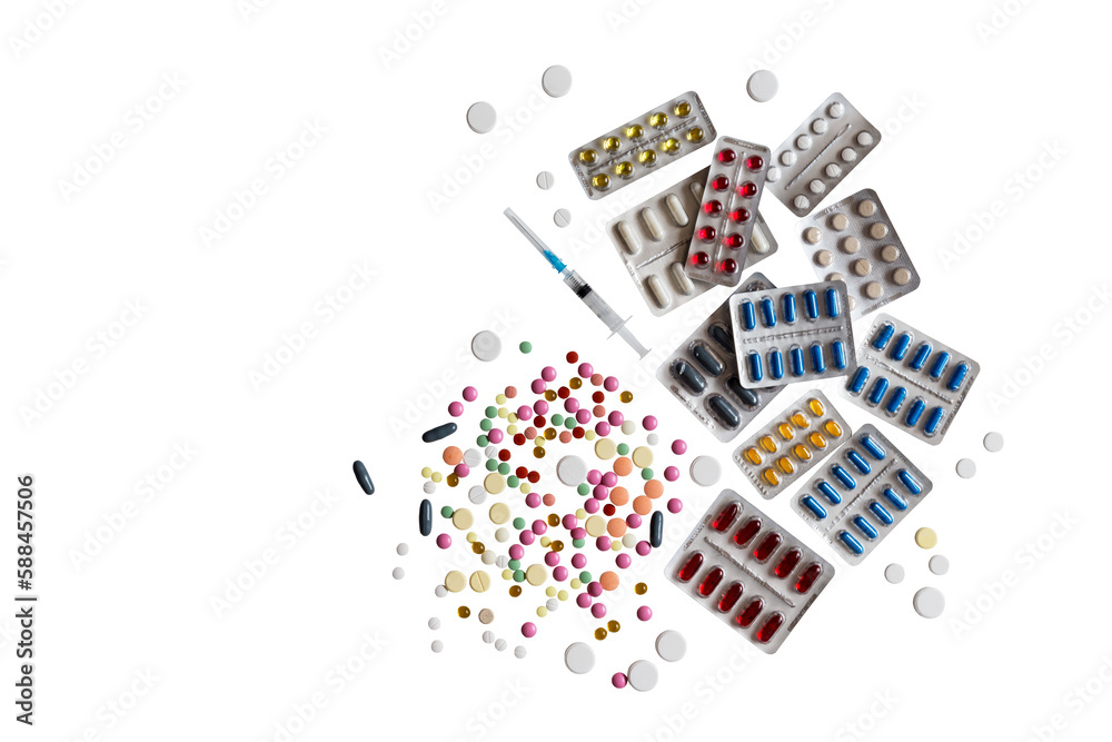 Different of blisters and colorful pills on a png background flat lay copy space