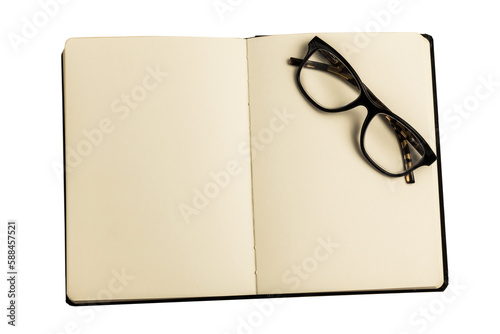 Open book and reading glasses