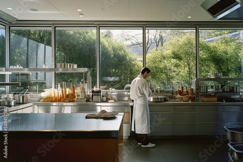 Generative AI illustration of a very bright kitchen with a glass wall and views of a restaurant garden with a chef dressed as a chef cooking