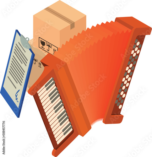 Accordion icon isometric vector. Folk musical instrument near box and clipboard. Cargo transportation and inventory concept