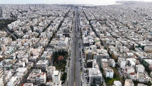 Aerial drone video of landmark buildings in Syggrou Avenue urban cityscape, Athens centre, Attica, Greece photo