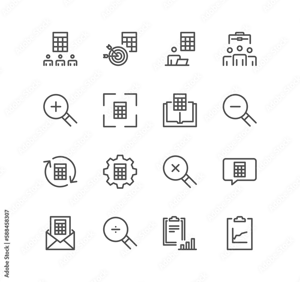 Set of calculation and accounting related icons, calculator, money, audit, tax, revenue, payable, credit and linear variety symbols. Set of calculation and accounting related icons, calculator, money, audit, tax, revenue, payable, credit and linear variety symbols.