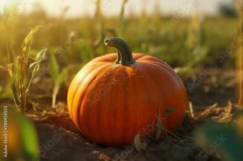 Pumpkin on a field with a shining orange surface. Realism. Creative AI Wallpaper. Nature Background. Created by Generative AI