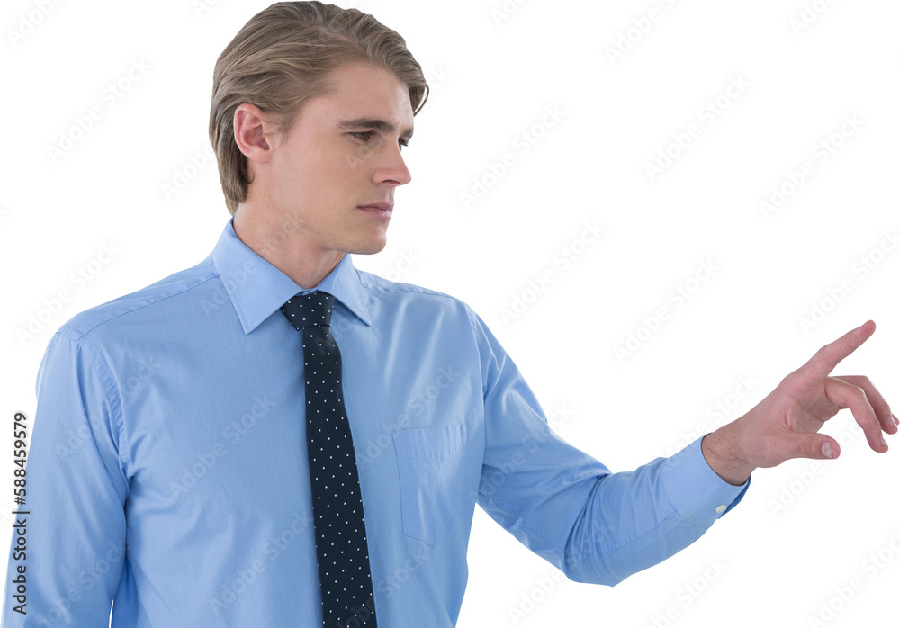 Young businessman touching imaginary interface screen Young businessman touching imaginary interface screen