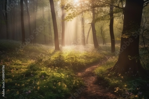 Forest panorama with sunbeams Generative AI © FryArt Studio
