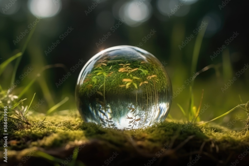 Globe glass in grass forest on nature background, Environment Day Concept Generative AI Globe glass in grass forest on nature background, Environment Day Concept Generative AI