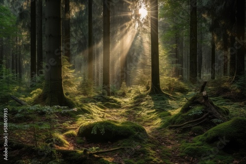 Forest panorama with sunbeams Generative AI