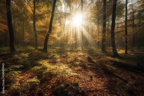 Forest panorama with sunbeams Generative AI © FryArt Studio