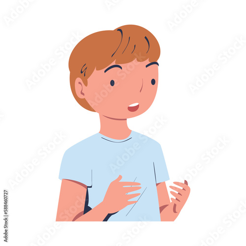 Little Puzzled Boy Talking to Somebody and Gesturing Vector Illustration