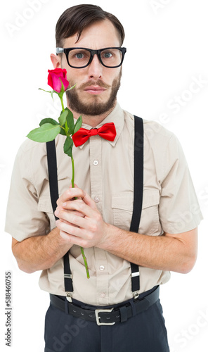 Geeky hipster offering a rose