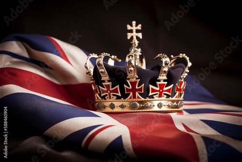 close up portrait of royal golden crown on british flag background. AI generated content