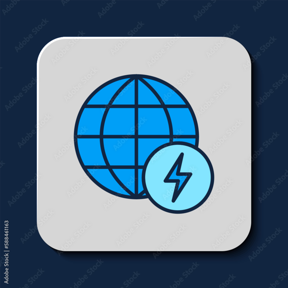Filled outline Global energy power planet with flash thunderbolt icon isolated on blue background. Ecology concept and environmental. Vector Filled outline Global energy power planet with flash thunderbolt icon isolated on blue background. Ecology concept and environmental. Vector