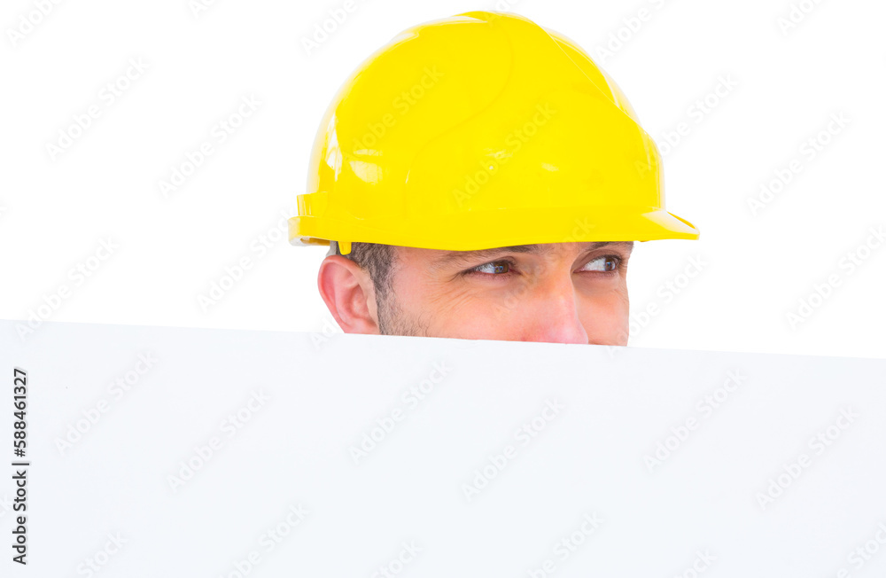 Handyman hidden behind blank board Handyman hidden behind blank board