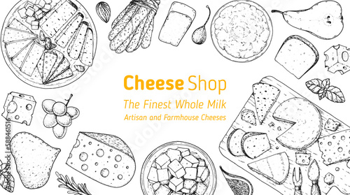 Cheese sketch, hand drawn illustration, top view frame. Food design template. Package pattern. Vector illustration with collection of cheese. Engraved style image. Dairy farm products cheese.