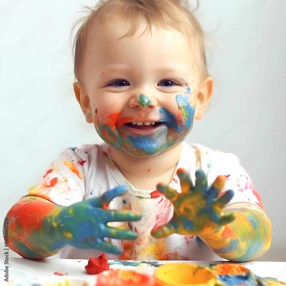 KI generated little child playing with paints KI generated little child playing with paints