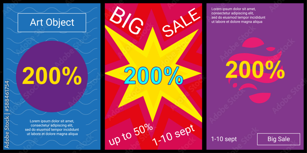 Trendy retro posters for organizing sales and other events. Large 200 percent symbol in the center of each poster. Vector illustration on black background