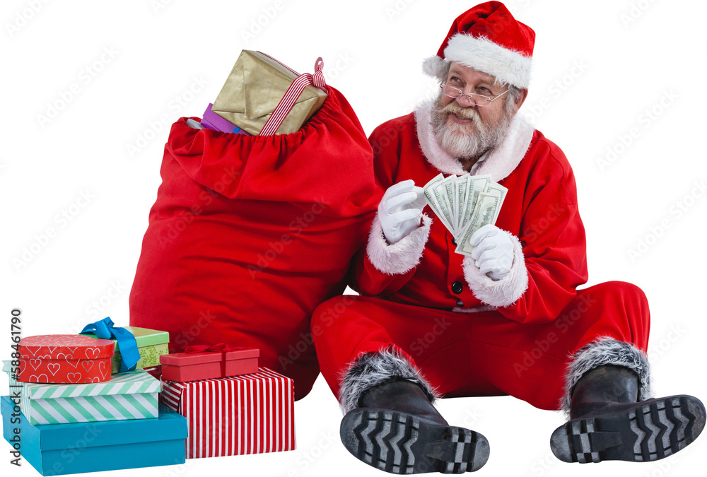 Naklejka premium Santa Claus sitting by Christmas gifts and counting currency notes