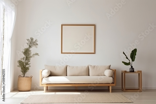 horizontal empty wooden frame is mounted above a sofa in a trendy minimalist living room with a warm neutral interior, Generative AI