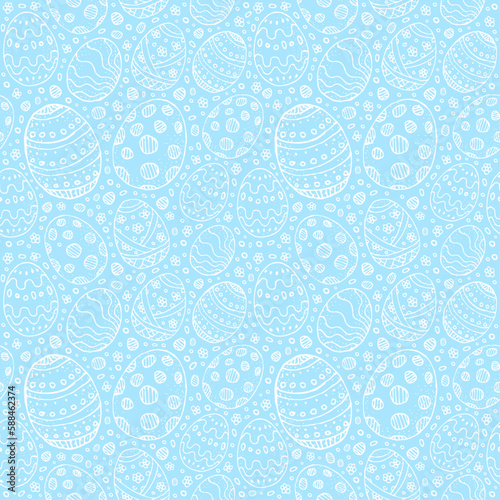 Seamless background with white contour Easter eggs on a blue background. Stylized Easter eggs with patterns