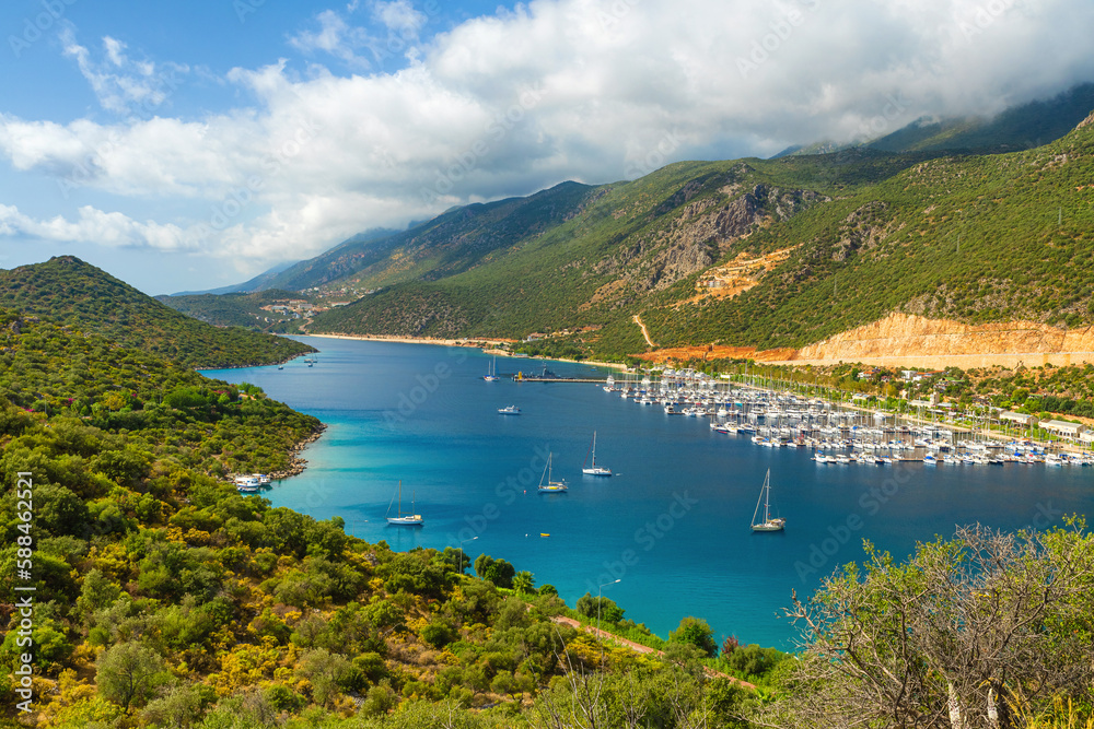View turquoise water harbour in Mediterranean sea with marina and yachts near Kas city, Antalya, Turkey, Asia